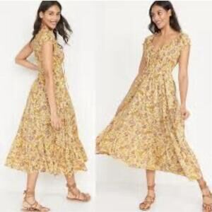 Old Navy Womens Waist Defined Floral Midi Dress Size XL Yellow Boho Cottagecore